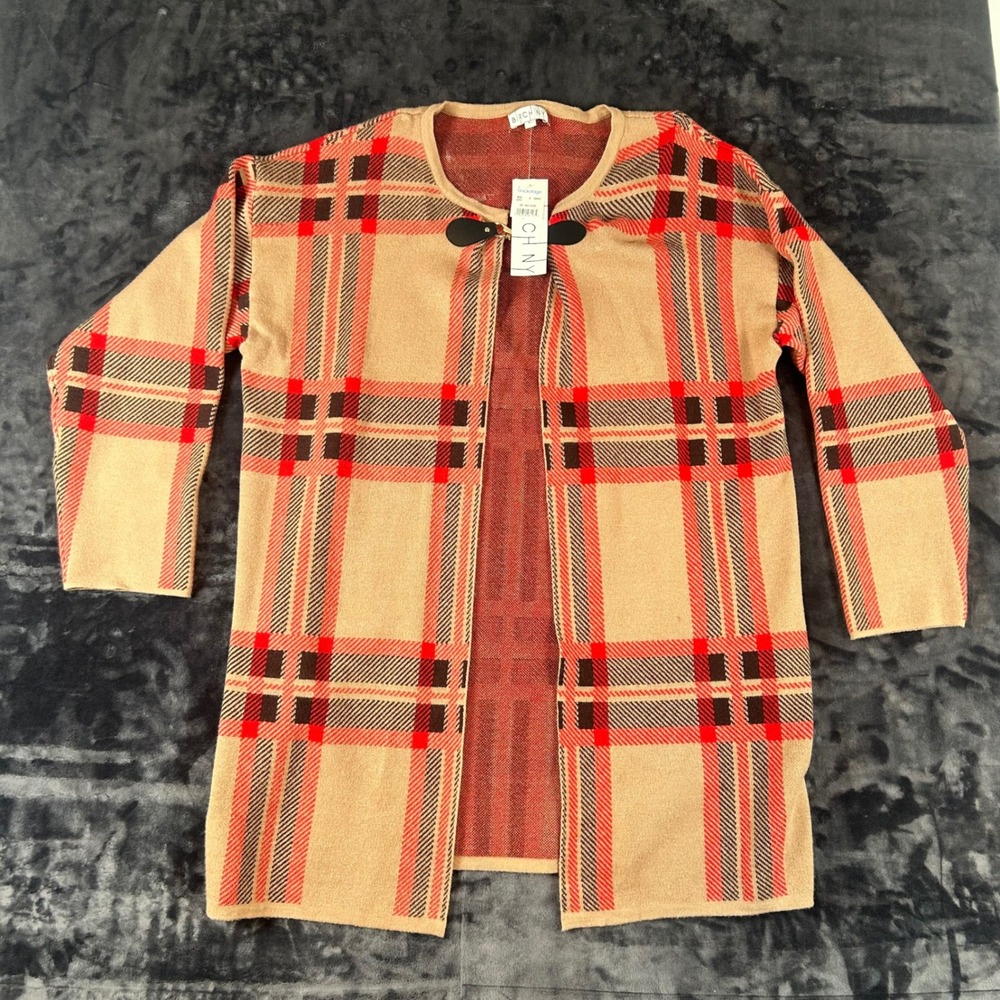 Birch NY Cardigan Sweater Womens L‎ Tan Red Plaid Open Front Toggle BF-M030403